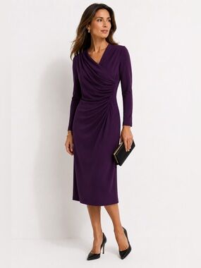 DAVID MEISTER AUBERGINE RUCHED LONG SLEEVE BUSINESS CAREER DRESS SZ 12